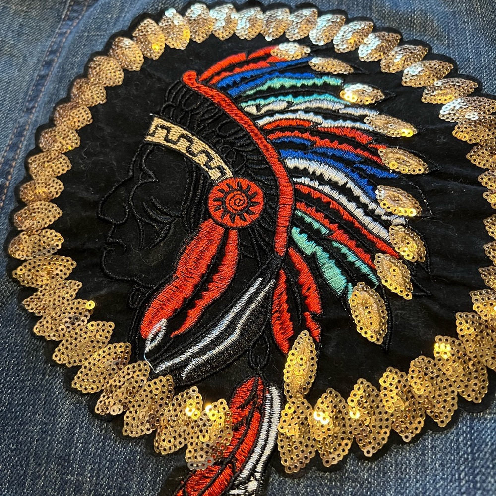 Custom Jean jacket with Native American chief sequin embellishment
